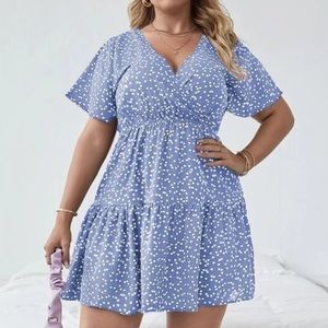 Boho ruffle frill short sleeve heart print v neck dress light blue